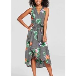 Who What Wear Tropical Floral Wrap Midi Dress Salsa Vacation Striped Belted M